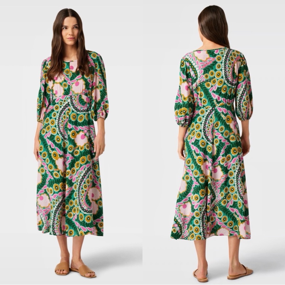 Like New Max Mara Weekend Silk Jupiter Floral Green and Pink Maxi Dress Sz S